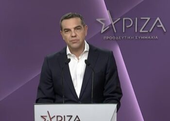 Ο Αλέξης Τσίπρας στη διάρκεια της ομιλίας του (φωτ.: Glomex)