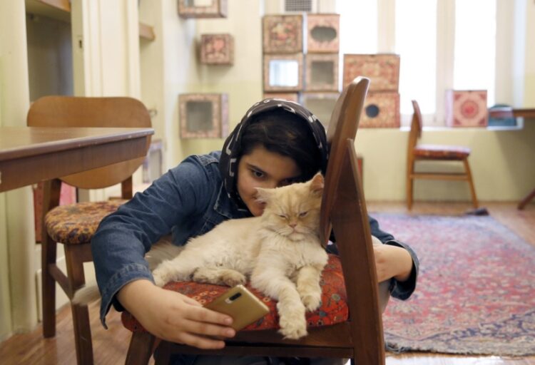 Η γάτα δεν φαίνεται και ιδιαίτερα ενθουσιασμένη με την προοπτική της φωτογράφισης από την επισκέπτρια του μουσείου (φωτ.: EPA / Abedin Taherkenareh)
