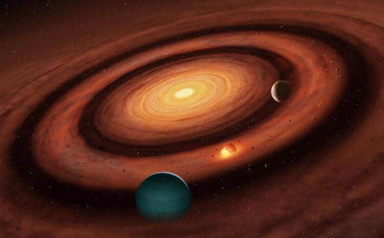 Καλλιτεχνική απεικόνιση του τρόπου με τον οποίο μπορούν να σχηματιστούν μικροί πλανήτες ανάμεσα σε δύο μεγαλύτερους (φωτ.: Πανεπιστήμιο του Γουόργουικ/Mark A. Garlick)