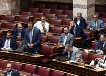 Ο πρόεδρος των Σπαρτιατών Βασίλης Στίγκας (όρθιος) τη στιγμή που ανακοινώνει ότι θα λάβει μέτρα μετά την τοποθέτηση του ειδικού αγορητή των Σπαρτιατών Κωνσταντίνου Φλώρου (2-Δ) στην Ολομέλεια της Βουλής (φωτ.: ΑΠΕ-ΜΠΕ/Αλέξανδρος Μπελτές)