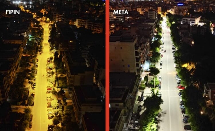 Η οδός Αναξιμάνδρου με τον παλιό και με τον νέο φωτισμό (φωτ.: Δήμος Θεσσαλονίκης)
