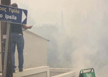 Εθελοντής στις Λούτσες προσπαθεί να περιορίσει τη φωτιά που έχει μπει στο χωριό (φωτ.: EUROKINISSI/Γιώργος Κονταρίνης)