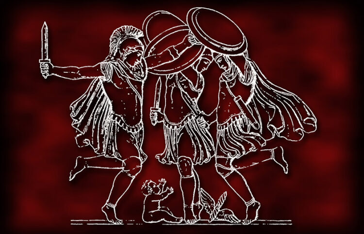 Κουρήτες χορεύουν τον Πυρρίχιο «σκεπάζοντας» τα κλάματα του μικρού Δία, για να τον γλιτώσουν από τον πατέρα του, Κρόνο