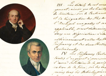 Το κείμενο της Συνθήκης του Λονδίνου του 1827 βρίσκεται στην Υπηρεσία Διπλωματικού και Ιστορικού Αρχείου. Πάνω αριστερά ο  Κάνινγκ και κάτω ο Καποδίστριας (εικ.: Γεωργία Βορύλλα)