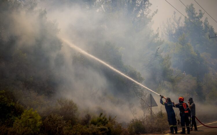 Πυροσβέστες και εθελοντές επιχειρούν εναντίον της φωτιάς που κατέκαψε τη Ρόδο (φωτ.: EUROKINISSI/Νάσος Σιμόπουλος)