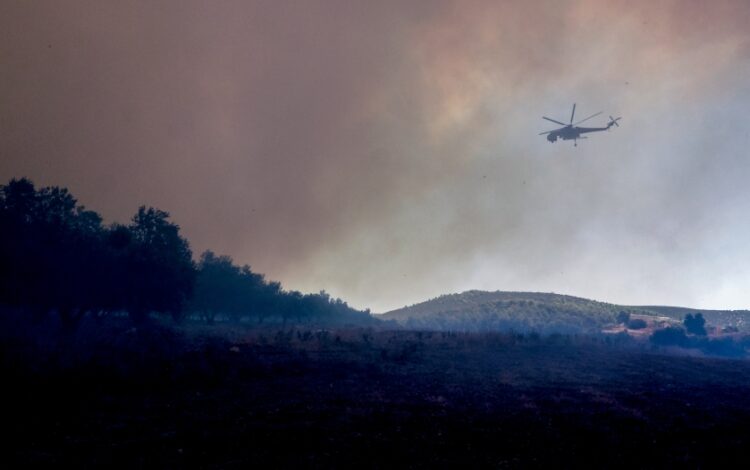 Ελικόπτερο επιχειρεί κατά της φωτιάς στα Ψαχνά της Εύβοιας (φωτ.: EUROKINISSI/Θοδωρής Νικολάου)