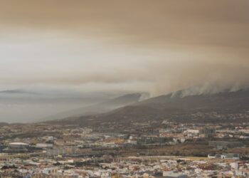 Καπνός υψώνεται από την περιοχή Ελ Ροζάριο στην Τενερίφη, στα Κανάρια Νησιά. Σύμφωνα με τις τοπικές αρχές, η φωτιά έχει περίμετρο τουλάχιστον 31 χλμ. (φωτ.: EPA/Alberto Valdes)