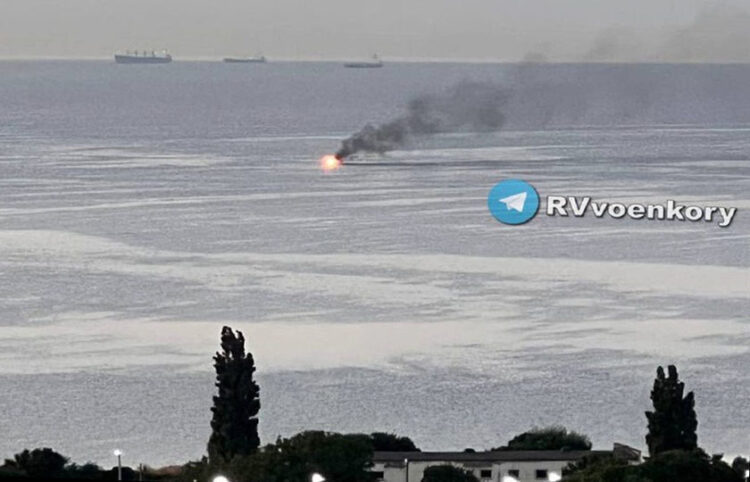 Το πλοίο που έχει χτυπηθεί θεωρείται ότι είναι το «Ολενεγκόρσκι Γκορνιάκ» του ρωσικού Πολεμικού Ναυτικού. Το πλάνο προέρχεται από βίντεο που αναρτήθηκε στο Twitter