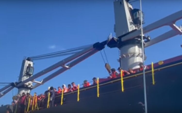 Οι μετανάστες επάνω στο φορτηγό πλοίο περιμένουν να μεταφερθούν από το Λιμενικό στη στεριά (φωτ.: YouTube)