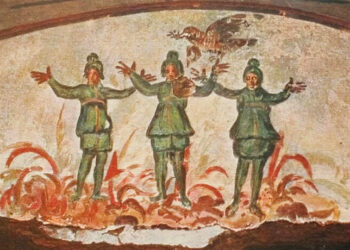 Απεικόνιση των τριών παίδων στην Κατακόμβη της Πρίσκιλλας (Ρώμη), στο θάλαμο της Δεομένης Ψυχής (πηγή: commons.wikimedia.org)
