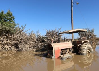 Τρακτέρ στη Μεταμόρφωση Καρδίτσας μέσα στη λάσπη και τα νερά που άφησε πίσω της η κακοκαιρία Daniel (φωτ.: Eurokinissi/Γιώργος Κονταρίνης)