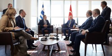 Συνάντηση του Κυριάκου Μητσοτάκη με τον Ρετζέπ Ταγίπ Ερντογάν στο πλαίσιο της Γενικής Συνέλευσης του ΟΗΕ, 20 Σεπτεμβρίου 2023 (φωτ.: Γραφείο Τύπου Πρωθυπουργού / Δημήτρης Παπαμήτσος)