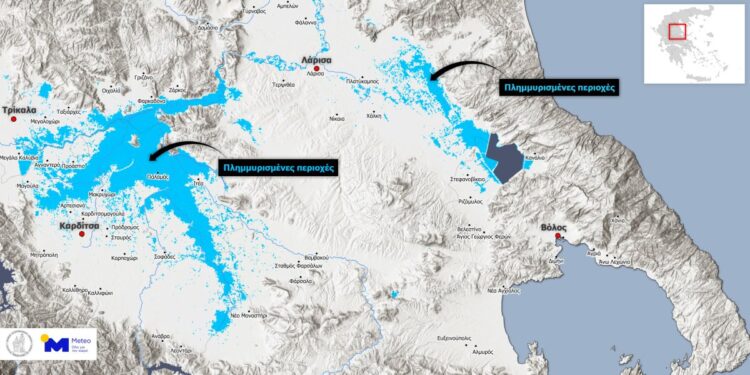Δορυφορική απεικόνιση των πλημμυρών στον κάμπο της Θεσσαλίας (φωτ.: meteo.gr)