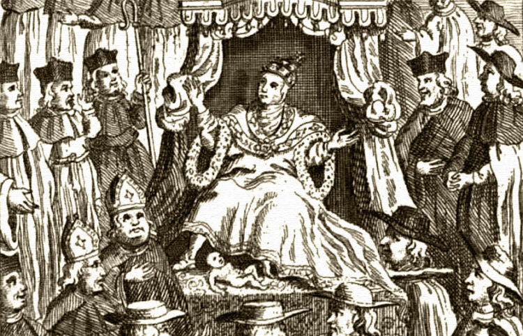 Η πάπισσα Ιωάννα: Λεπτομέρεια από χαρακτικό που κοσμεί το βιβλίο «A Present for a Papist: or, The History of the Life of Pope Joan, From her Birth to her Death» (1740), του  Alexander Cooke