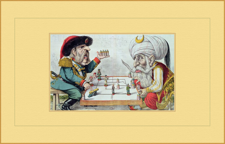 Η εικόνα που κοσμεί το εξώφυλλο του βιβλίου: Augusto Grossi (Bologna 1835-1897), «Ο τσάρος κι ο σουλτάνος ασκούνται στη στρατηγική στη διεθνή σκακιέρα»