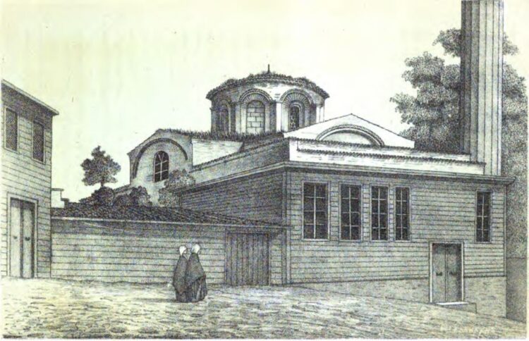 Χαρακτικό της Μονής Μυρελαίου ενώ είχε μετατραπεί σε τέμενος, το 1877 (πηγή: «Βυζαντιναί μελέται Τοπογραφικαί και ιστορικαί», Αλέξανδρος Πασπάτης, Τυπογραφείο Αντωνίου Κορομηλά, Βιβλιοπωλείο των Αδελφών Δεσπάστα, Κωνσταντινούπολη)
