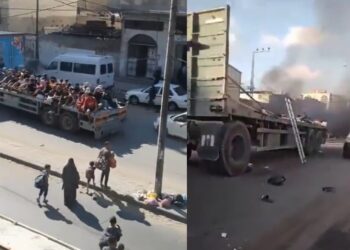 Αριστερά, βίντεο από φορτηγό το οποίο μεταφέρει μαζικά αμάχους έξω από τη Λωρίδα της Γάζας και δεξιά ένα από τα φορτηγά που χτυπήθηκαν και οδήγησαν στο θάνατο δεκάδες ανθρώπους (φωτ.: Χ/Joe)