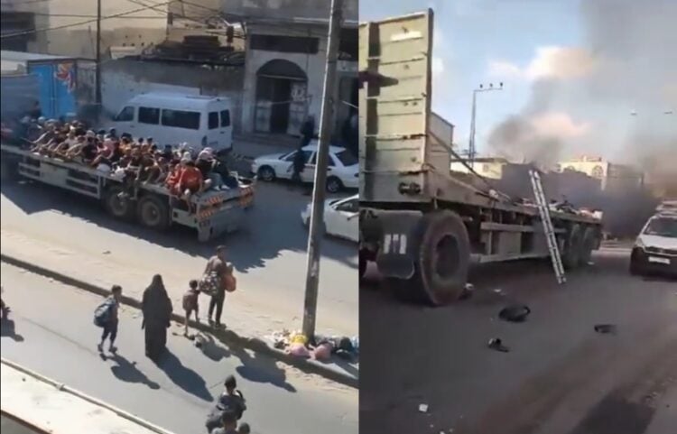 Αριστερά, βίντεο από φορτηγό το οποίο μεταφέρει μαζικά αμάχους έξω από τη Λωρίδα της Γάζας και δεξιά ένα από τα φορτηγά που χτυπήθηκαν και οδήγησαν στο θάνατο δεκάδες ανθρώπους (φωτ.: Χ/Joe)
