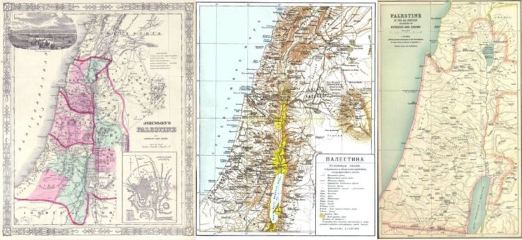 Χάρτες της Παλαιστίνης από το 1864, το 1900 και το 1915 (εικ.: el.wikipedia.org / Wikimedia Commons by Geographicus Rare Antique Maps / George Adam Smith)