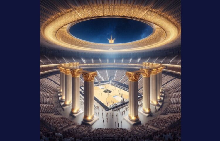 Το χρυσό κυριαρχεί στο (θα μπορούσε να ήταν) γήπεδο μπάσκετ της ΑΕΚ, το οποίο σχεδίασε η τεχνητή νοημοσύνη (φωτ.: Χ/Basketball Champions League)