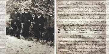 Αναμνηστική φωτογραφία του Κ. Κιουρκτσόγλου (δεύτερος από αριστερά) από το Άσκαλε. Δίπλα σελίδα από το ημερολόγιο του (πηγή: ΙΔΙΣΜΕ)