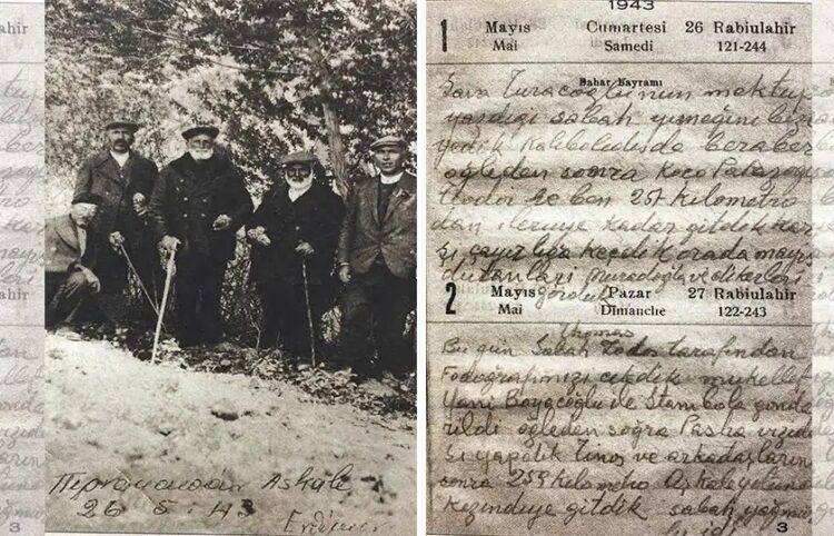 Αναμνηστική φωτογραφία του Κ. Κιουρκτσόγλου (δεύτερος από αριστερά) από το Άσκαλε. Δίπλα σελίδα από το ημερολόγιο του (πηγή: ΙΔΙΣΜΕ)