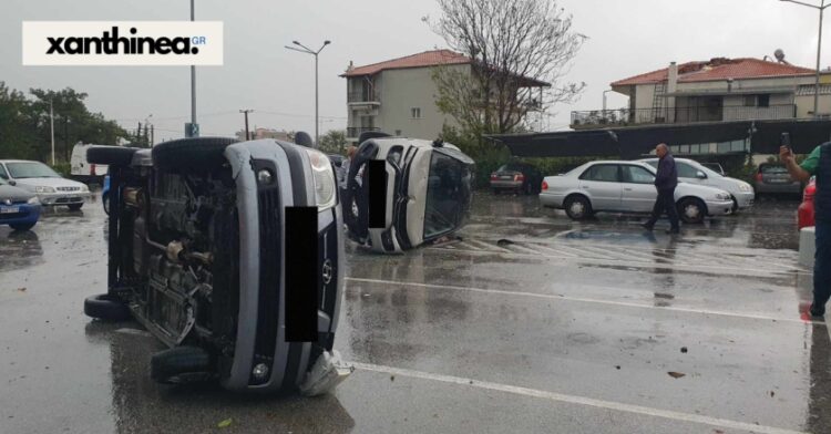 Ο ανεμοστρόβιλος στην Ξάνθη αναποδογύρισε ολόκληρα αυτοκίνητα (φωτ.: xanthinea.gr)