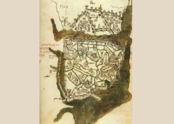 Χάρτης της Κωνσταντινούπολης, περίπου του 1422, του Cristoforo Buondelmonti, από το βιβλίο του «Liber Insularum Archipelagi», ο οποίος περιλαμβάνεται στο βιβλίο «Τόπος και Εικόνα, χαρακτικά ξένων περιηγητών για την Ελλάδα, από σπάνια βιβλία» της Γενναδείου Βιβλιοθήκης, Μουσείου Μπενάκη, Ιδιωτικών Συλλογών (φωτ.: travelogues.gr)