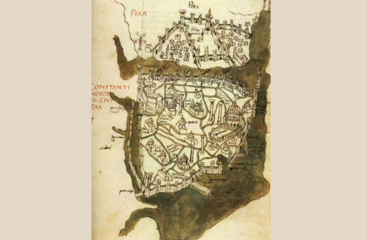 Χάρτης της Κωνσταντινούπολης, περίπου του 1422, του Cristoforo Buondelmonti, από το βιβλίο του «Liber Insularum Archipelagi», ο οποίος περιλαμβάνεται στο βιβλίο «Τόπος και Εικόνα, χαρακτικά ξένων περιηγητών για την Ελλάδα, από σπάνια βιβλία» της Γενναδείου Βιβλιοθήκης, Μουσείου Μπενάκη, Ιδιωτικών Συλλογών (φωτ.: travelogues.gr)