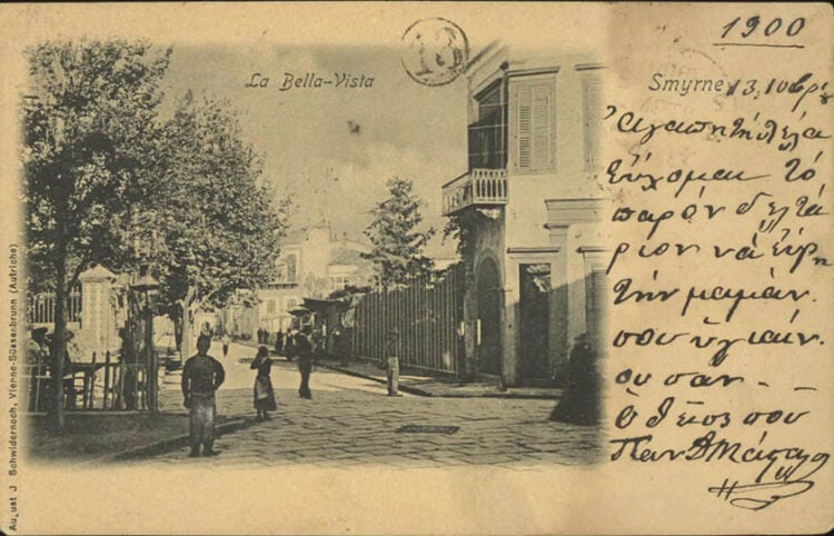 Καρτ ποστάλ με άποψη της συνοικίας Μπέλα Βίστα της Σμύρνης, 1900 (πηγή: Γενικά Αρχεία Κράτους, ΚΥ, Αρχείο Ιωάννη Μεταξά)