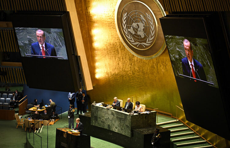 Ο Ερντογάν στη Γενική Συνέλευση του ΟΗΕ, Σεπτ. 2023 (φωτ.: EPA / Miguel Rodriguez)