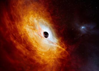 Καλλιτεχνική απεικόνιση του πιο φωτεινού κβάζαρ J059-4351, του φωτεινού πυρήνα ενός μακρινού γαλαξία που τροφοδοτείται από μια υπερμεγέθη μαύρη τρύπα (πηγή:  ESO/M.Kornmesser)