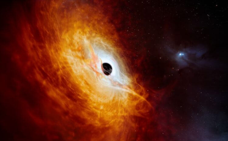 Καλλιτεχνική απεικόνιση του πιο φωτεινού κβάζαρ J059-4351, του φωτεινού πυρήνα ενός μακρινού γαλαξία που τροφοδοτείται από μια υπερμεγέθη μαύρη τρύπα (πηγή:  ESO/M.Kornmesser)