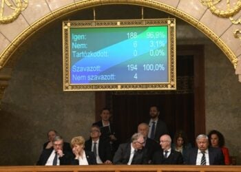 Το αποτέλεσμα της ψηφοφορίας στην ουγγρική Βουλή υπέρ της ένταξης της Σουηδίας στο ΝΑΤΟ (φωτ.: EPA/Szilard Koszticsak)
