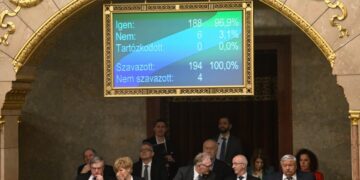Το αποτέλεσμα της ψηφοφορίας στην ουγγρική Βουλή υπέρ της ένταξης της Σουηδίας στο ΝΑΤΟ (φωτ.: EPA/Szilard Koszticsak)
