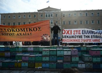 Κυψέλες, καπνιστήρια και πανό στην πλατεία Συντάγματος στη διάρκεια της διαμαρτυρίας των μελισσοκόμων (φωτ.: EUROKINISSI/Κώστας Τζούμας)