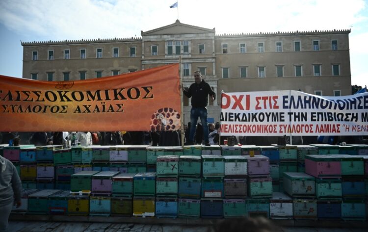 Κυψέλες, καπνιστήρια και πανό στην πλατεία Συντάγματος στη διάρκεια της διαμαρτυρίας των μελισσοκόμων (φωτ.: EUROKINISSI/Κώστας Τζούμας)