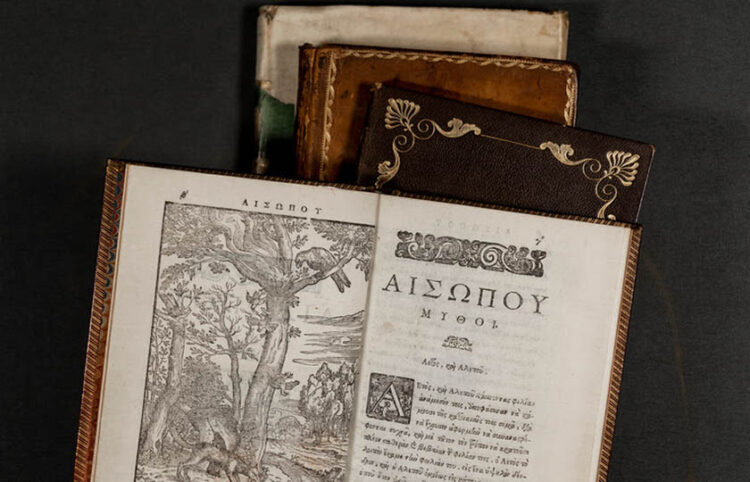 Από τη Συλλογή Λοβέρδου, «Οι μύθοι του Αισώπου» σε νεοελληνική μετάφραση του Ιωάννη Πατούσα. Βενετία: Salicata, 1644 (φωτ.: Ίδρυμα Αικατερίνης Λασκαρίδη)