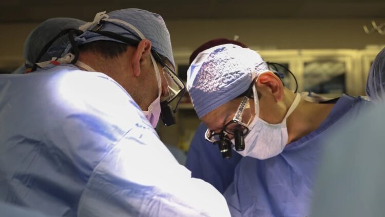 Ο δρ Nahel Elias (αρ.) και ο δρ Tatsuo Kawai ενώ κάνουν τη μεταμόσχευση του γενετικά τροποποιημένου νεφρού χοίρου στον Ρικ Σλέιμαν (φωτ.: Michelle Rose/   Massachusetts General Hospital)