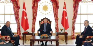 Ο Τούρκος πρόεδρος Ρετζέπ Ταγίπ Ερντογάν, ο Αίγυπτιος ΥΠΕΞ Σαμέχ Σούκρι (α) και ο Τούρκος ΥΠΕΞ Χακάν Φιντάν (δ), κατά τη διάρκεια της συνάντησής τους στην Κωνσταντινούπολη (φωτ.: EPA/ Turkish President Press Office Handout)