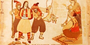 Έγχρωμη φωτογραφία από χάρτινο πίνακα που απεικονίζει την αιχμαλωσία του Αθανάσιου Διάκου στη γέφυρα της Αλαμάνας. Έργο του κατάδικου Ι. Ψωμά (πηγή: Λαογραφικό και Εθνολογικό Μουσείο Μακεδονίας-Θράκης)