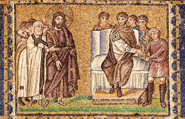 Ο Ιησούς μπροστά στον Πόντιο Πιλάτο (ψηφιδωτό στον Άγιο Απολινάριο τον Νέο, στη Ραβέννα – φωτ.: Nick Thompson / flickr.com)