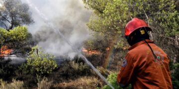 Πυροσβέστης κατασβήνει φωτιά στην Καλλιθέα Λουτρακίου (φωτ. αρχείου: EUROKINISSI)