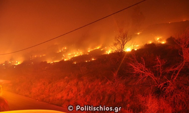 Σε ύφεση η μεγάλη φωτιά στη Χίο – Αποτεφρώθηκαν χιλιάδες μαστιχόδεντρα
