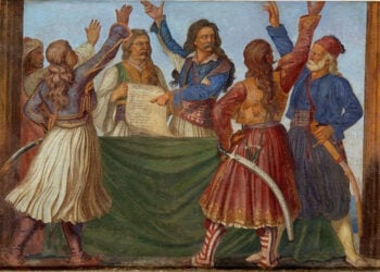 Η Εθνική Συνέλευση στην Επίδαυρο
(έργο του Ludwig Michael von Schwanthaler, σχέδιο, 1836, τοιχογραφία, Ανατολικός Τοίχος, Αίθουσα Ελευθερίου Βενιζέλου, Μέγαρο της Βουλής των Ελλήνων)