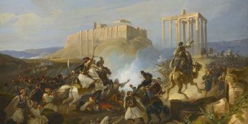 «Ο Γεώργιος Καραϊσκάκης στη μάχη της Ακρόπολης» (περ. 1835). Christian Perlberg, ελαιογραφία σε μουσαμά. Συλλογή Θανάση και Μαρίνας Μαρτίνου