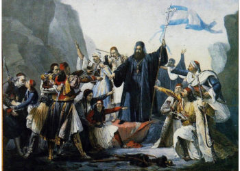 Ο Παλαιών Πατρών Γερμανός υψώνει τη σημαία της ανεξαρτησίας στα Καλάβρυτα. Λιθογραφία του Λουδοβίκου Λιπαρίνι (πηγή: wikimedia.org)