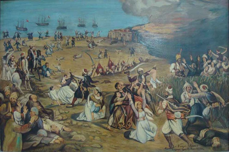 «Σφαγαί της Χίου». Κ. Κουνελλάκη, λάδι σε καμβά (πηγή: Δημόσια Βιβλιοθήκη Χίου «Κοραής»)