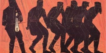 «Πυρρίχιος χορός», 70Χ100 εκ., λαδοτέμπερα, Βάλιας Σεμερτζίδης, 1972. (φωτ.: Λεύκωμα «Από τον Πόντο και τη Μικρασία στον Πειραιά, εδώ… στη Δραπετσώνα» της Ένωσης Ποντίων Πειραιώς-Κερατσινίου-Δραπετσώνας)