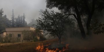 Φωτιά καίει δίπλα από την αυλή κατοικίας στη Σταμάτα, Αττικής (φωτ.: ΑΠΕ-ΜΠΕ/Γιάννης Κολεσίδης)